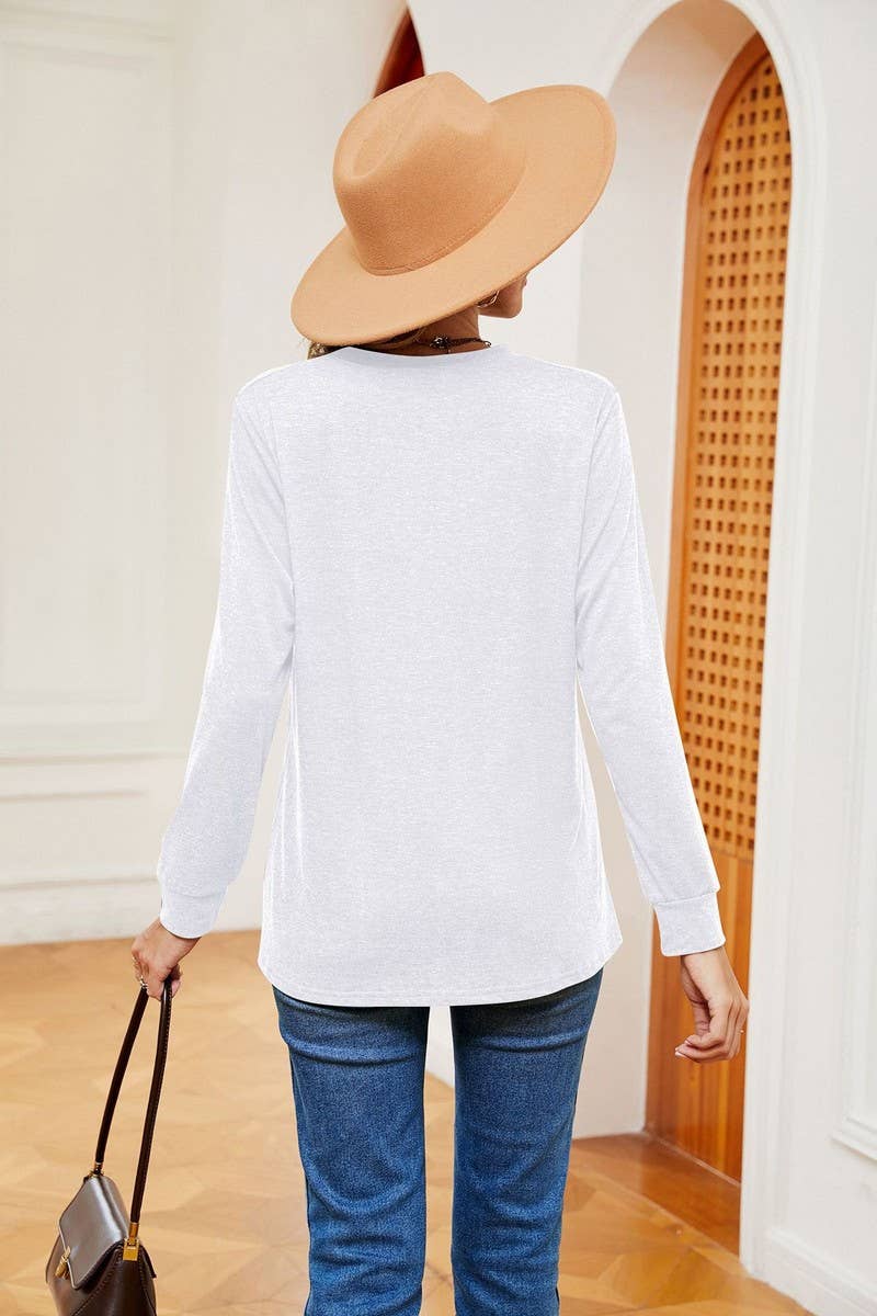 CWTBLL2371_V-NECK BUTTON LONG SLEEVE LOOSE PULLOVER TOP