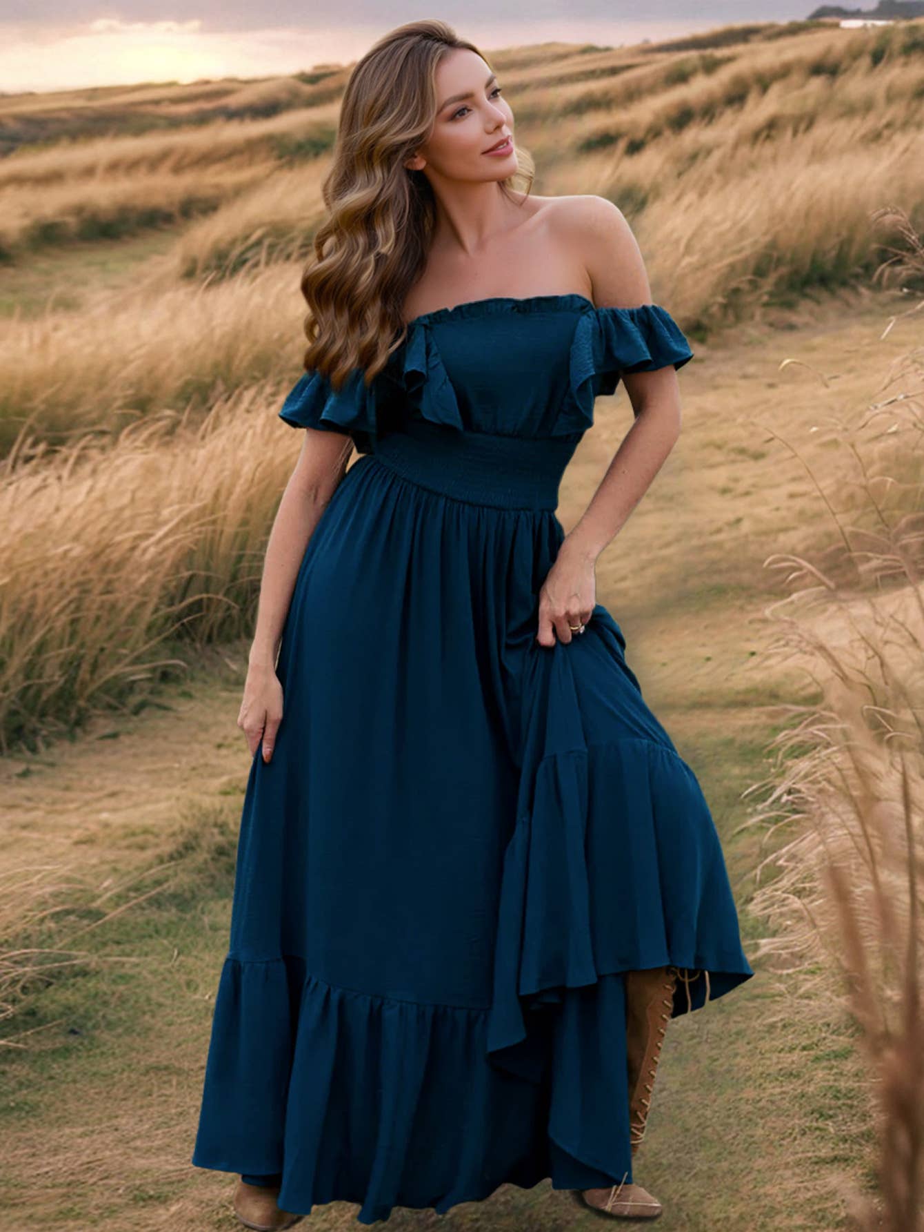 Chic Slim Fit Ruffle Off-Shoulder Vintage Dress