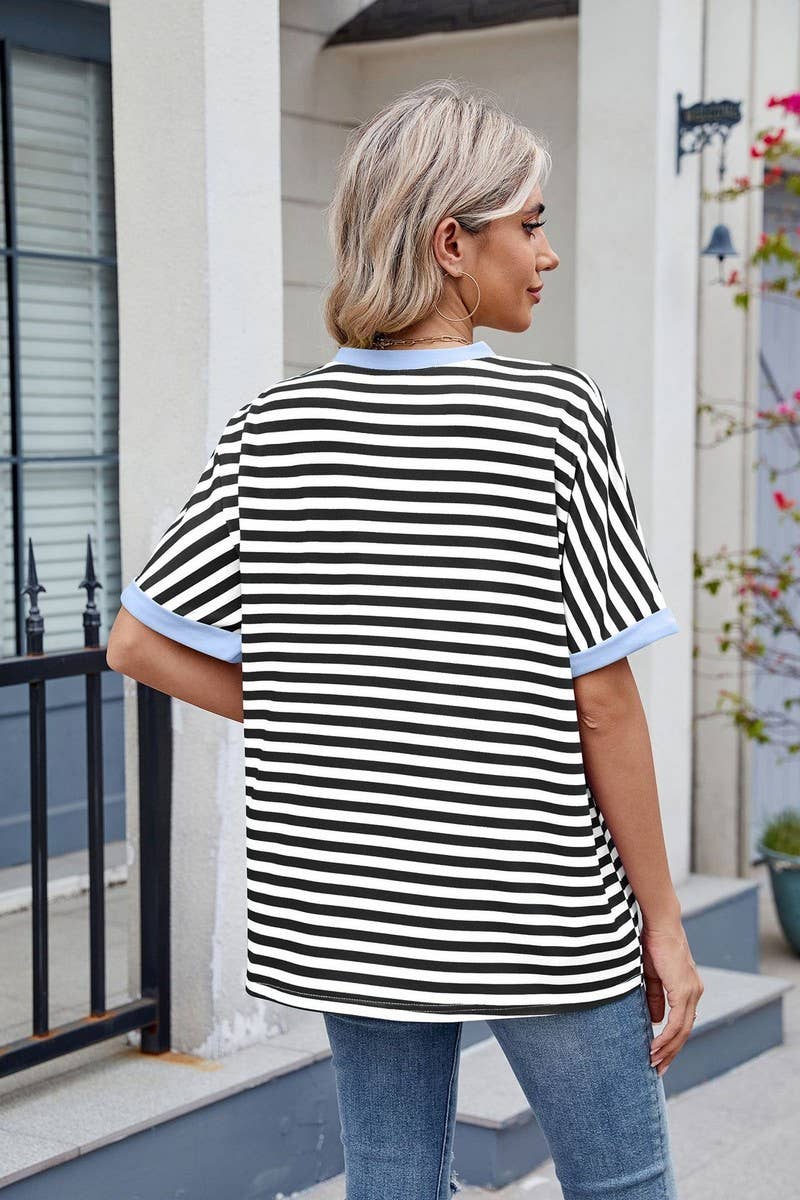CWTTS1299_LOOSE STRIPED COLORBLOCK CREW NECK T-SHIRT TOP