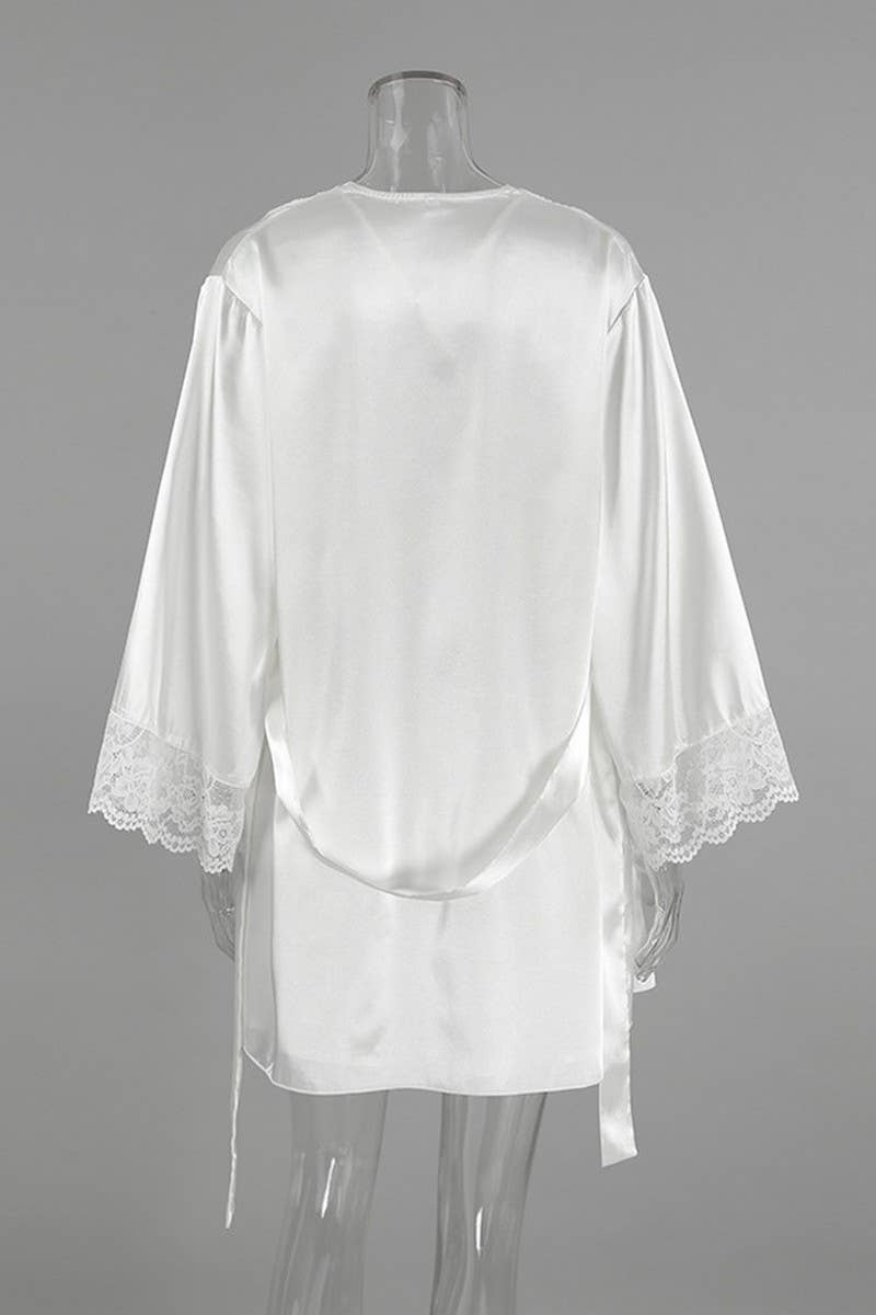 CWSPJ00529_LACE TRIM SATIN PAJAMA SET WOMEN ROBE NIGHTDRESS