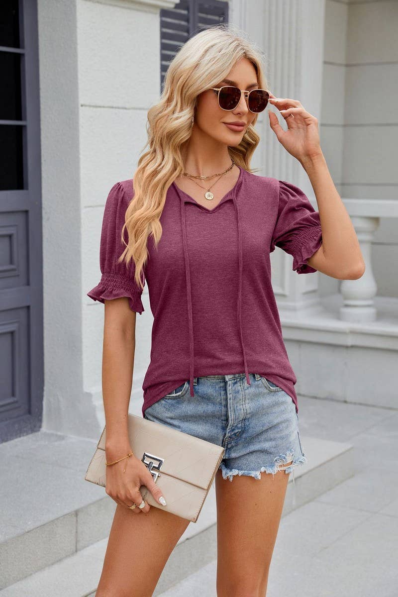 CWTTS0845_V-Neck Ruffle Short Sleeve Blouse