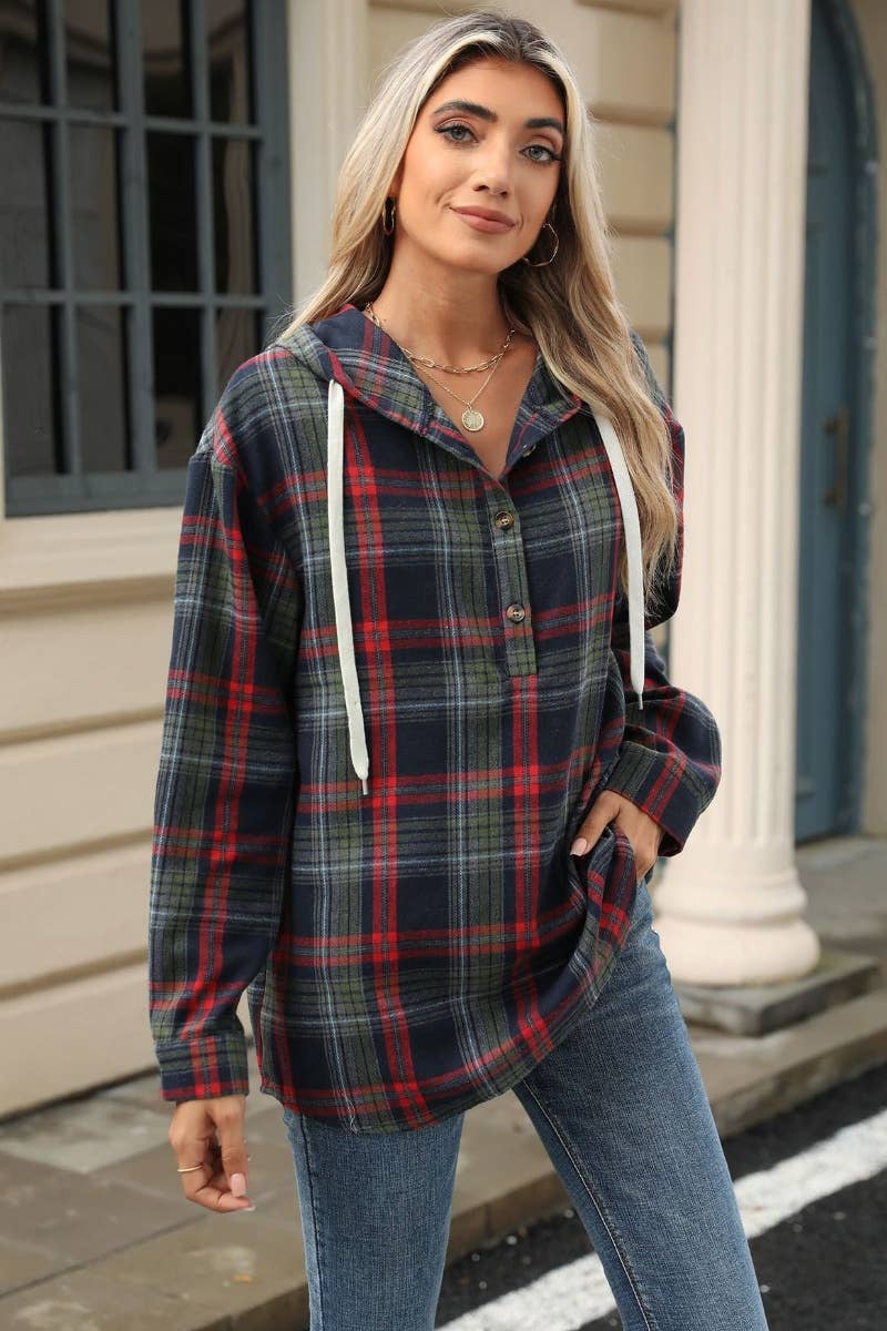 CWTBLL2873_LOOSE-CHECKED HOODED LONG-SLEEVED HOODIE