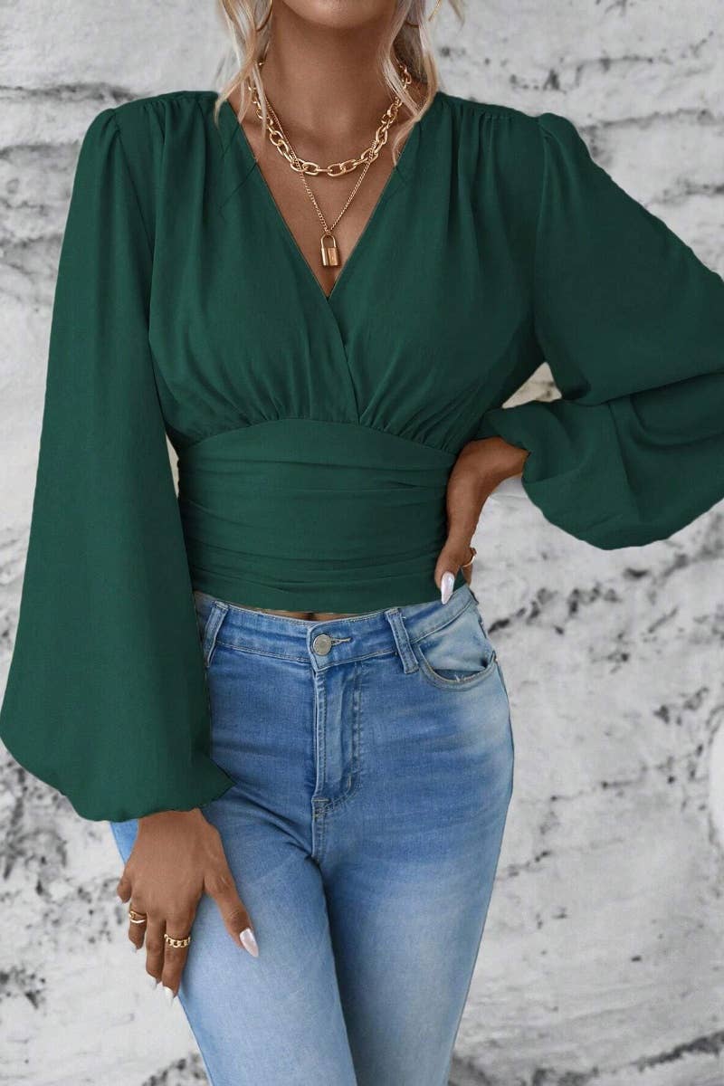 CWTBLL2548_AUTUMN V-NECK WAIST LONG SLEEVE WAIST TOP