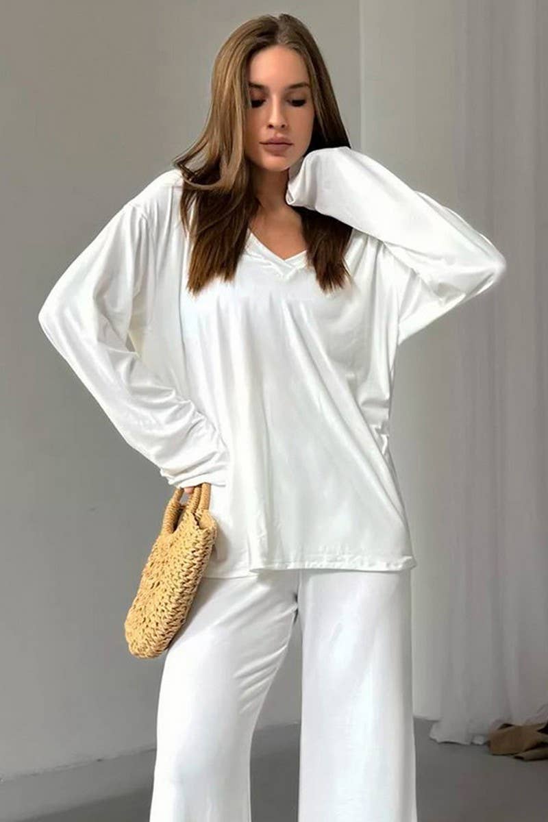 CWSPJ0322_KNITTED V-NECK LONG-SLEEVED TROUSERS PAJAMA SET