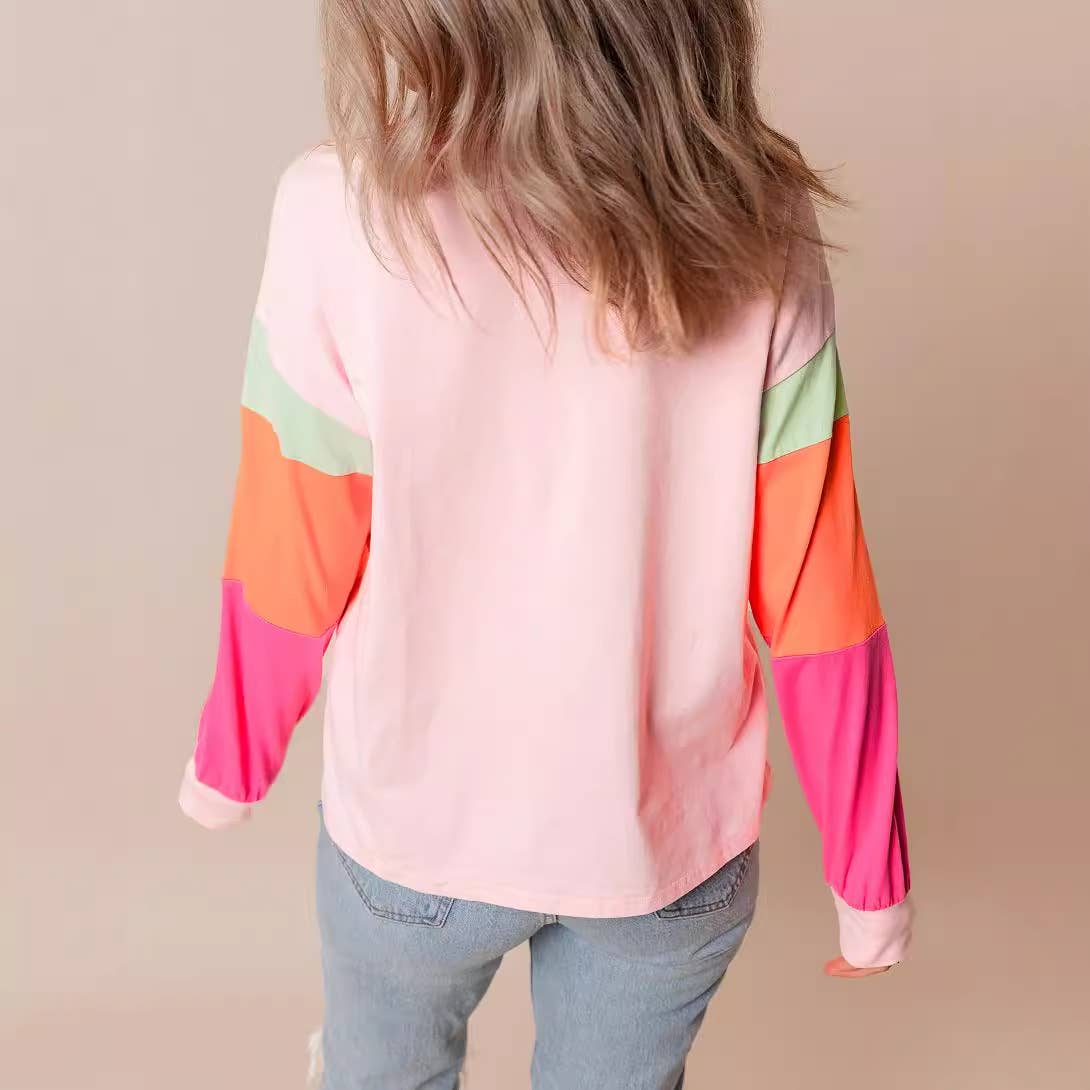 CASUAL MULTI-COLOR PATCHWORK LOOSE PULLOVER SHIRT