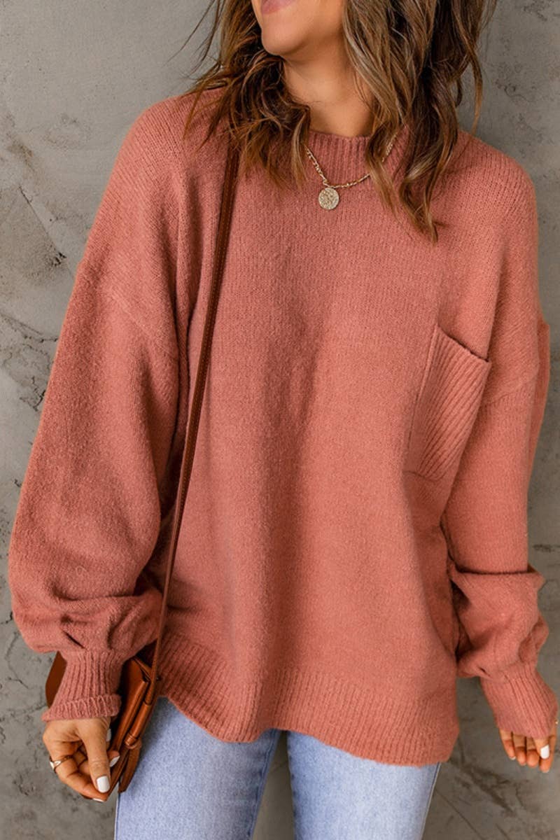 CWOSWL6661_CREW-NECK LONG-SLEEVED SOLID COLOR POCKET SWEATER
