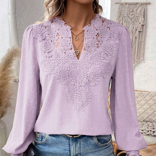 Fashion V-neck lace long sleeve casual T-shirt