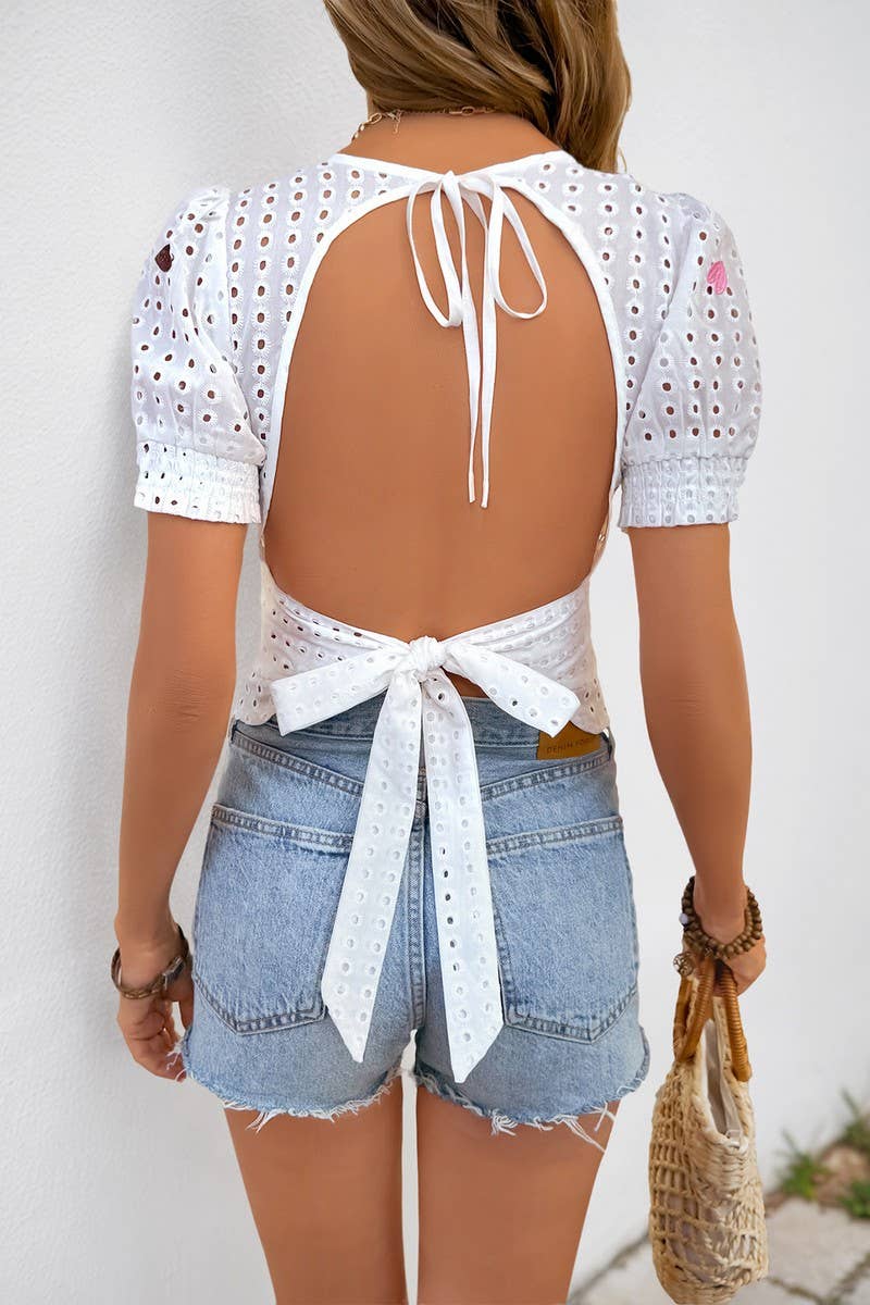 CWTBLS1851_SUMMER CASUAL HEART NECKLINE PUFF SLEEVE TOP