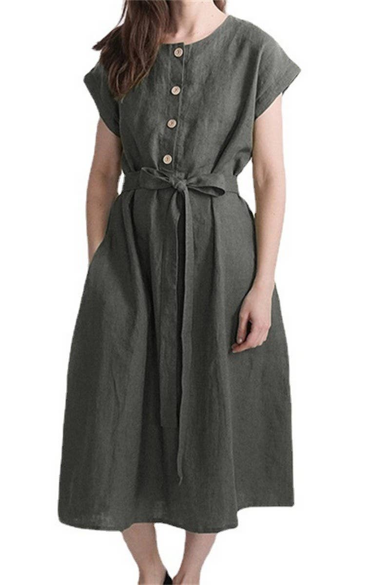 CWDMD3164_COTTON AND LINEN LACE-UP SINGLE-BREASTED DRESS