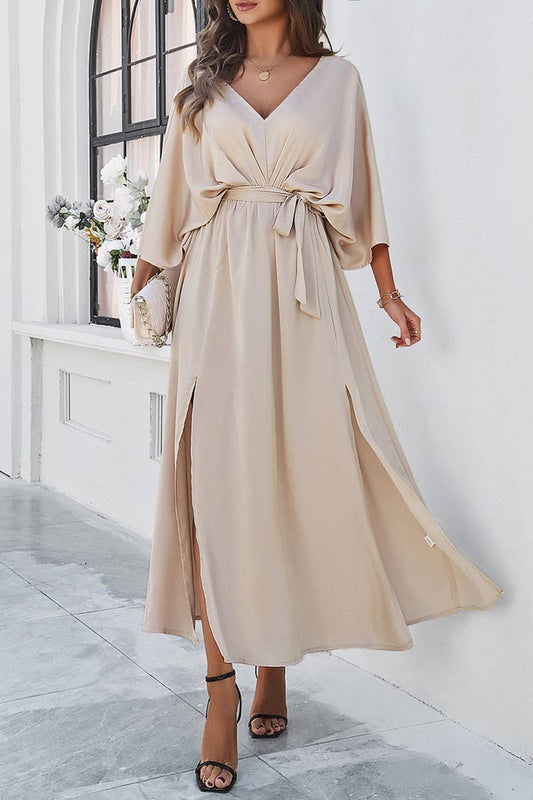 CWDMD1334_V-Neck 3/4 Sleeve With Belt Maxi Dresses