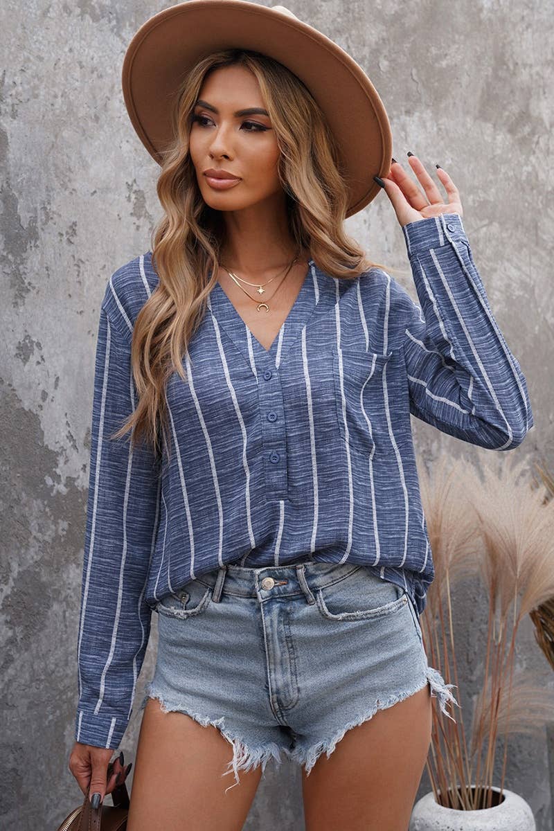 CWTBLL2996_STRIPED LONG-SLEEVED HALF-CARDIGAN SHIRT TOP