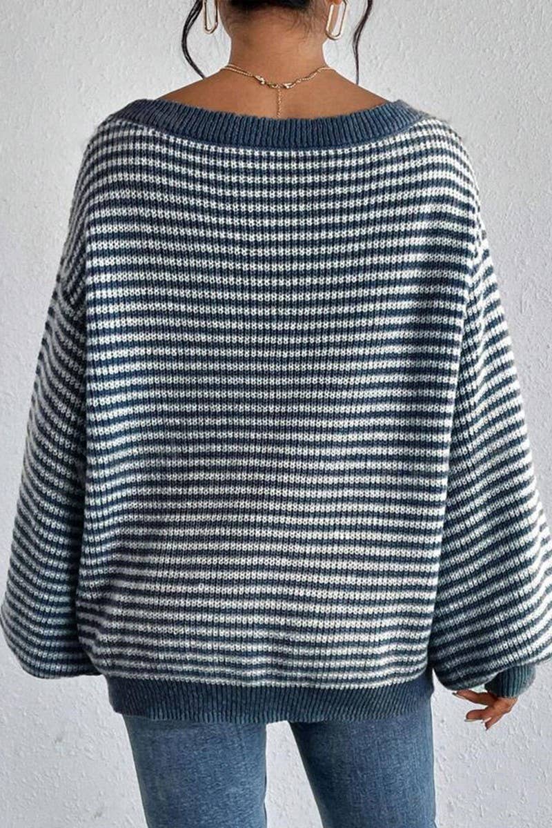 CWOSWL07623_OFF SHOULDER STRIPED KNIT PULLOVER SWEATER