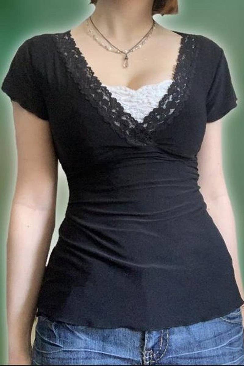 CWTBLS1498_FAKE TWO-PIECE LACE SHORT-SLEEVED TOP
