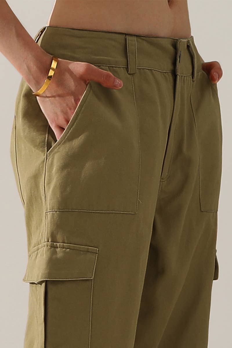 CWBLP421_Cargo Cotton Pants Wide Leg Casual Pants 4 Pockets