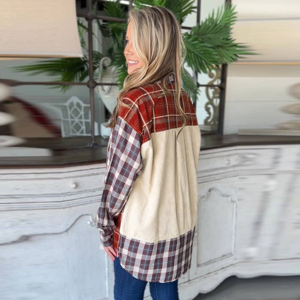 CORDUROY CHECK PATCHWORK SINGLE BREASTED SHIRT