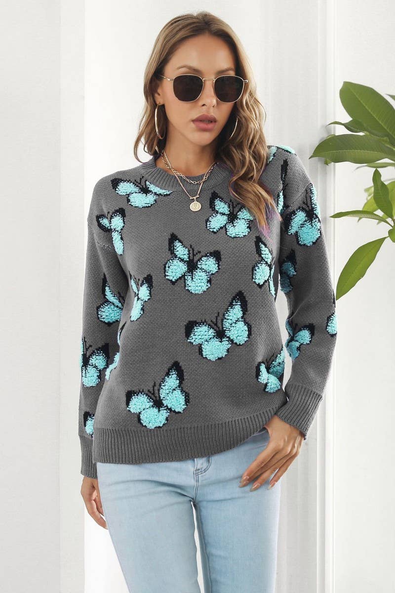 CWOSWL3964_3D BUTTERFLY JACQUARD CREWNECK KNITTED SWEATER