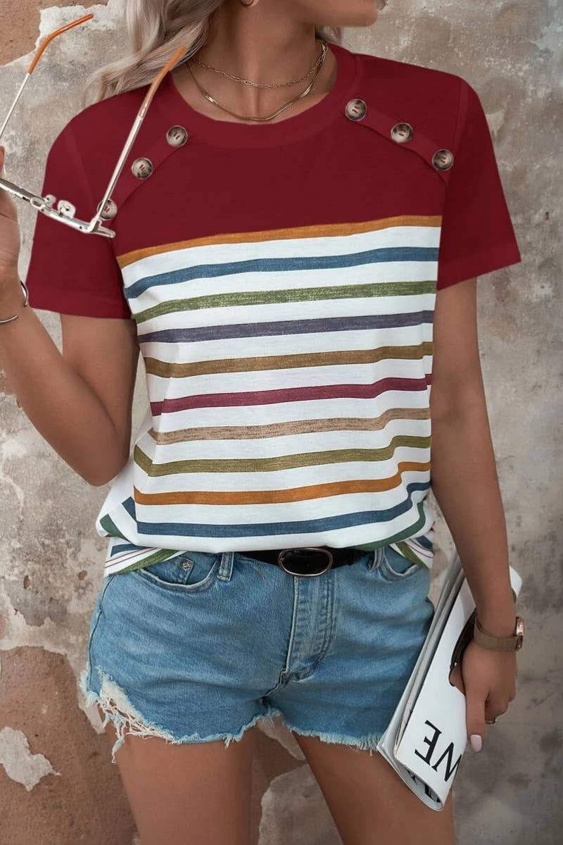 CWTBLS1145_SUMMER STRIPED PRINT BUTTON-UP SHORT SLEEVE TOP