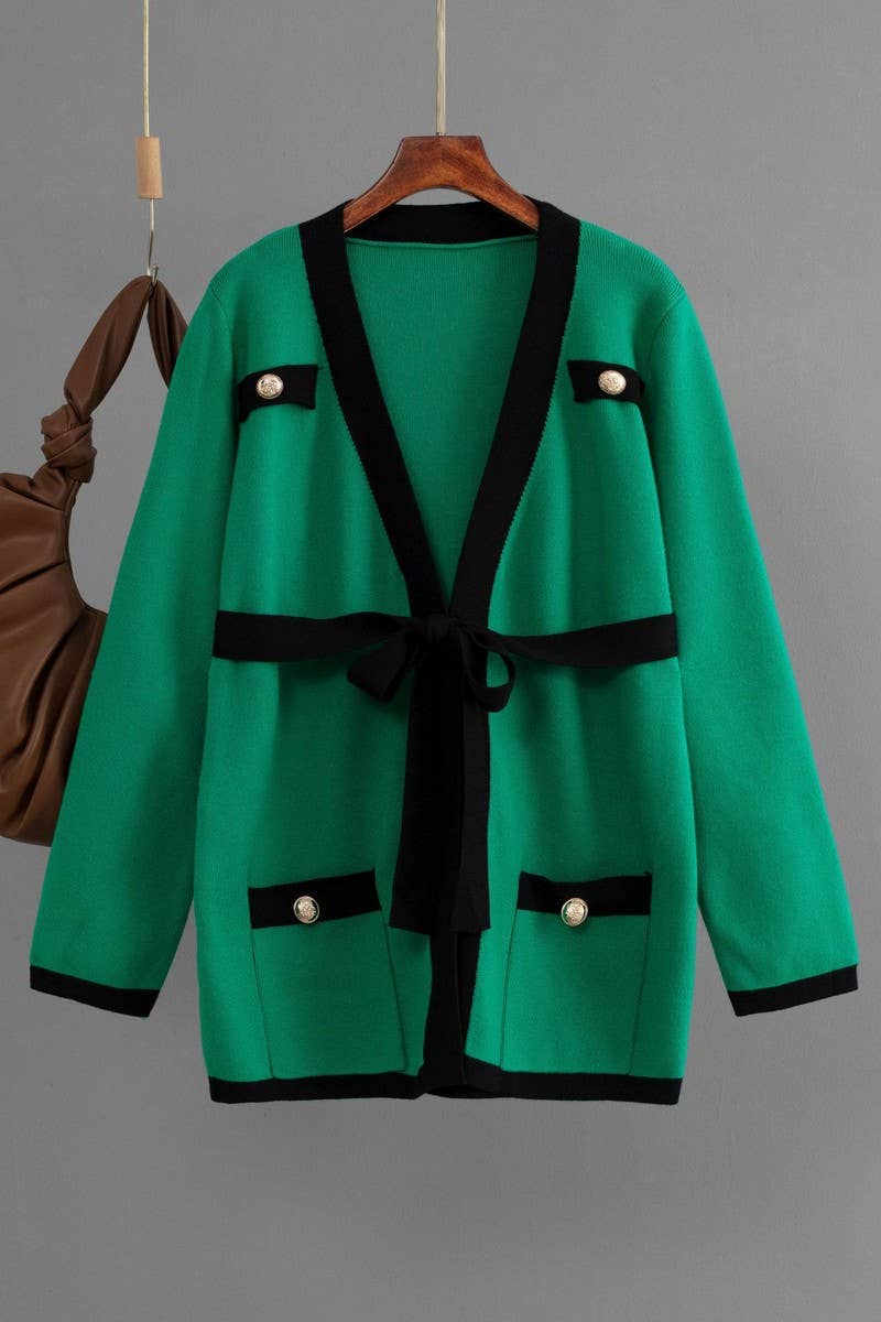 CWOCAL00675_V NECK COLORBLOCK TIE BUTTON PLUS CARDIGAN