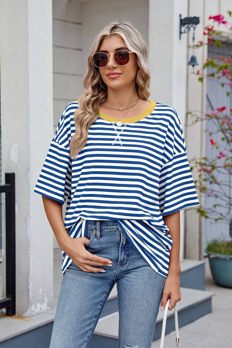 CWTBLS1736_STRIPED CONTRAST LOOSE SHORT-SLEEVED T-SHIRT TOP