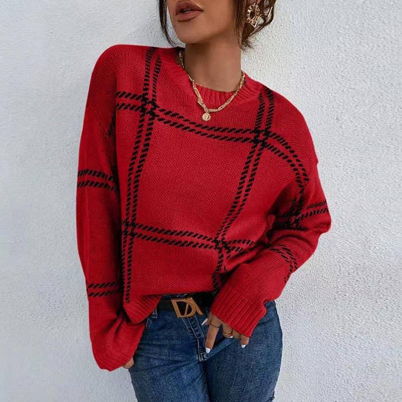 Checkered color-blocked round-neck sweater