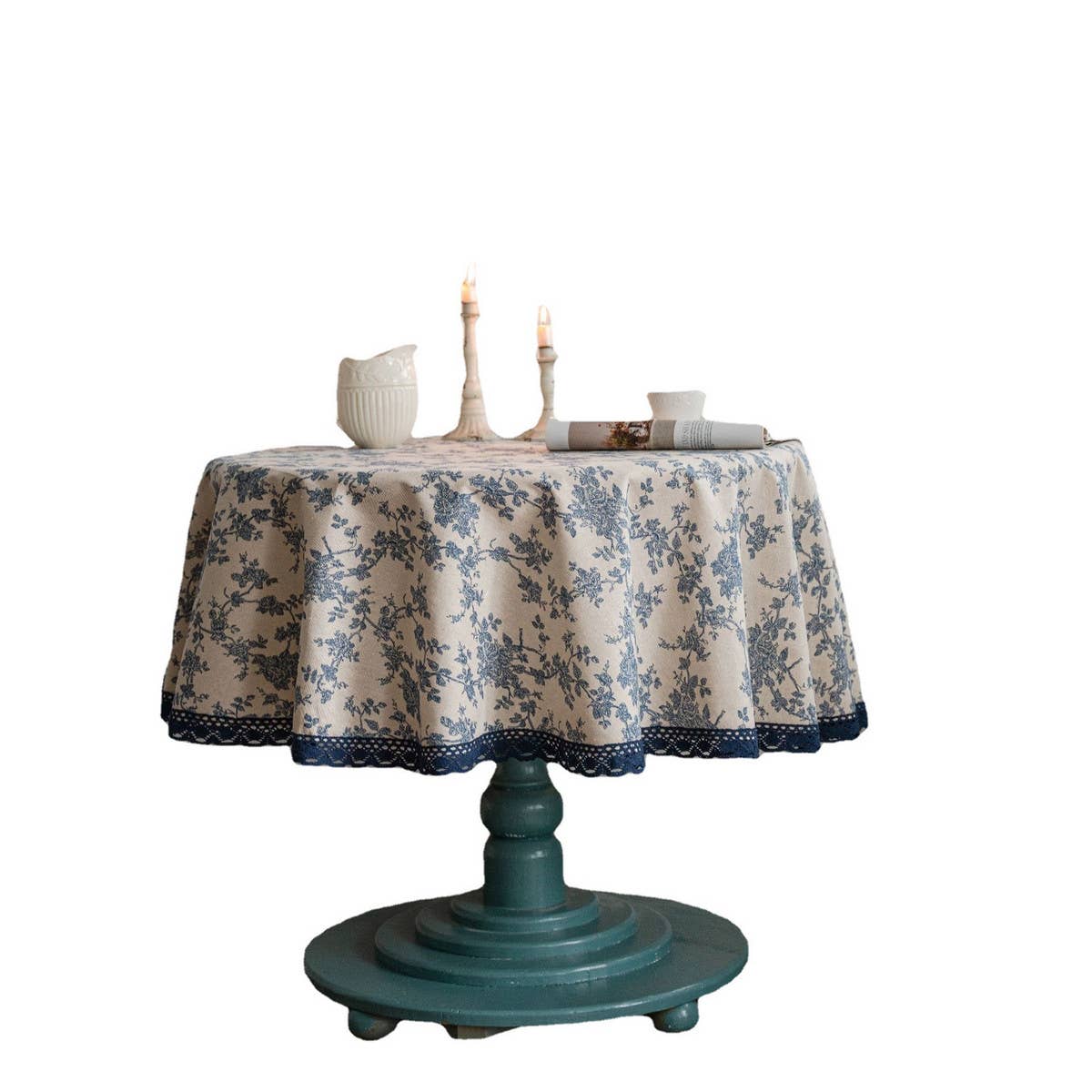 VINTAGE BLUE ROSE PRINT TABLECLOTH