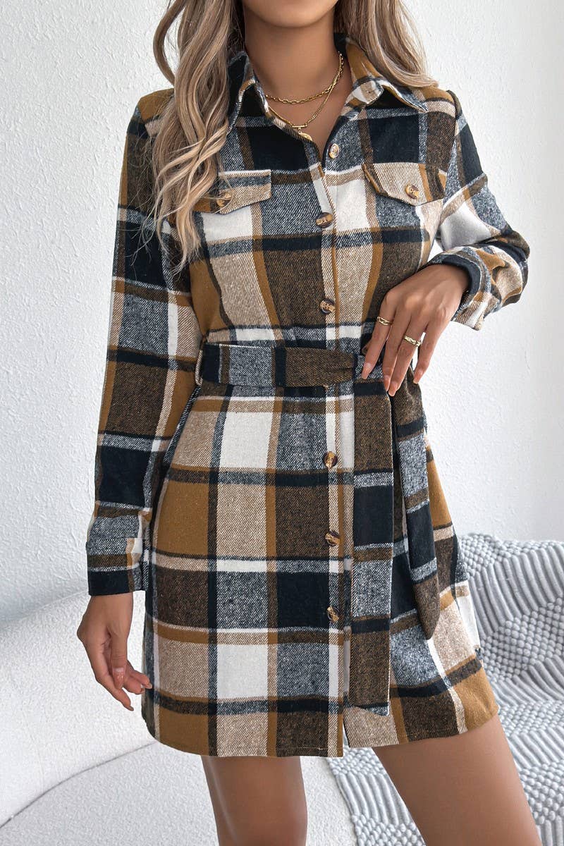 CWTDSL0124_CASUAL COLORBLOCK LONG SLEEVE PLAID SHIRT DRESS