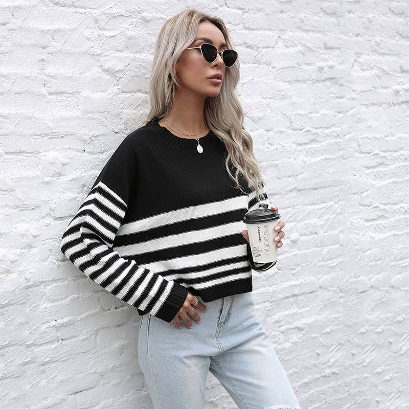 BLACK STRIPED KNIT CREW NECK SWEATER BASE