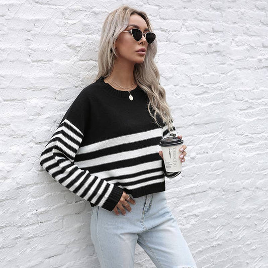 BLACK STRIPED KNIT CREW NECK SWEATER BASE