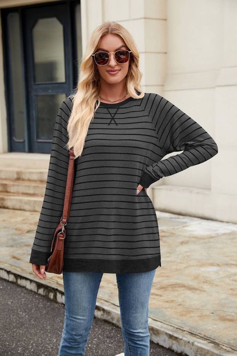 CWTBLL3663_STRIPED PATCHWORK ROUND NECK LONG SLEEVED T-SHIRT