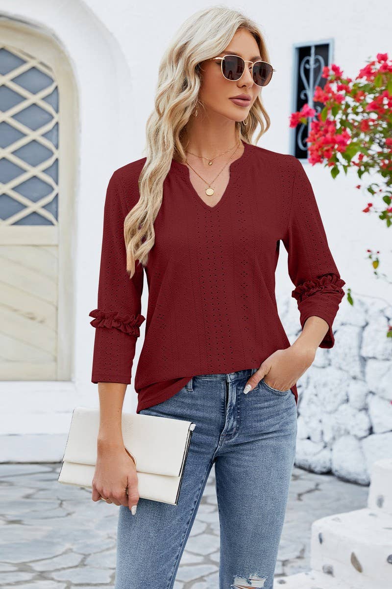 CWTTS0763_3/4 Sleeve Ruffle Detailed V-Neck  Blouse