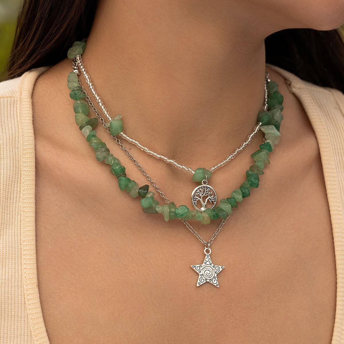STACKED FLORAL TASSEL GRAVEL BEADED NECKLACE_CWAJE1816