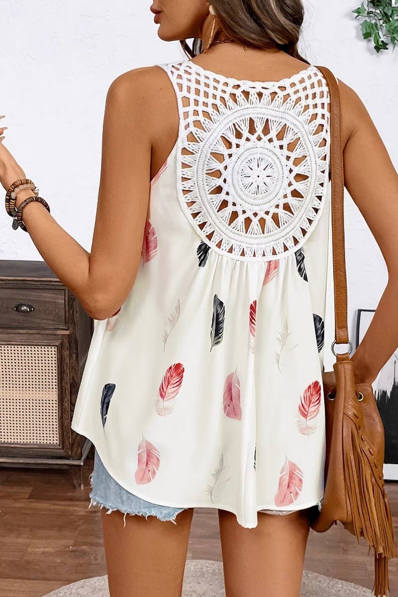 CWTTSL0341_V-NECK FEATHER SILHOUETTE PRINT LACE HOLLOW VEST