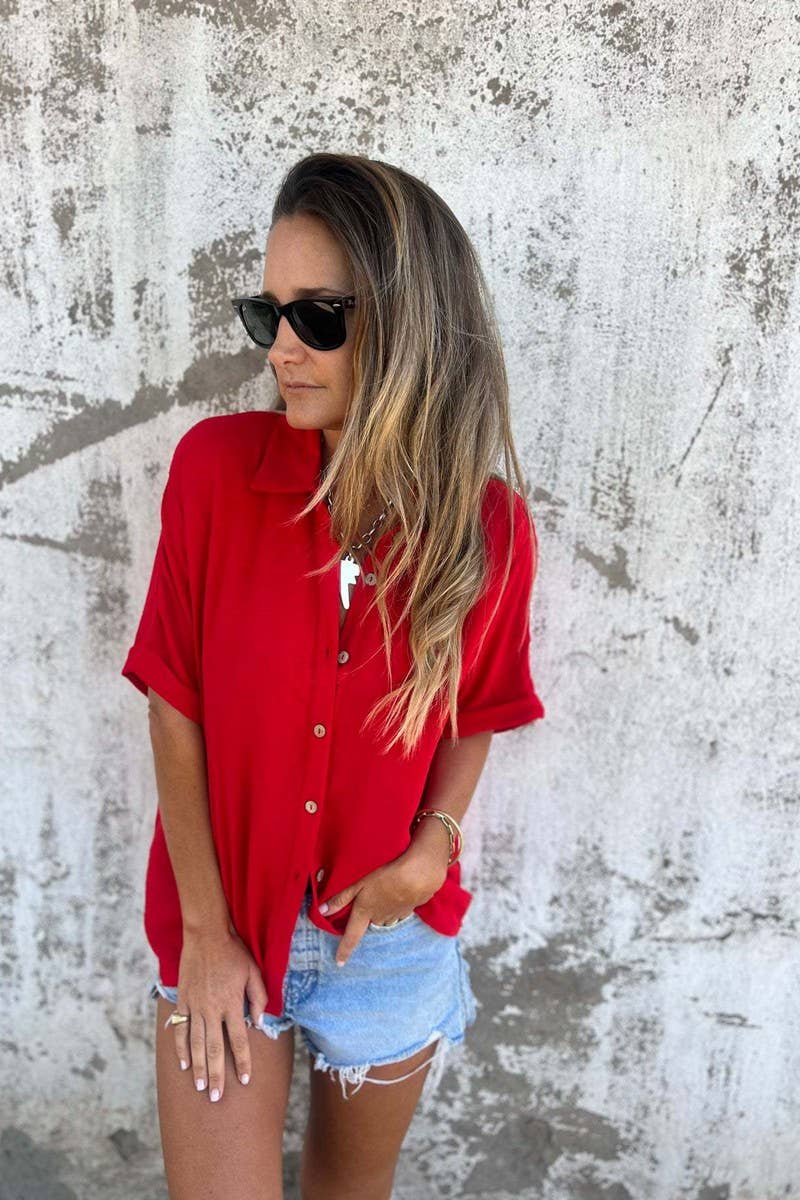 CWTBLS2329_SOLID CASUAL COLLARED BUTTON SHORT SLEEVE SHIRT