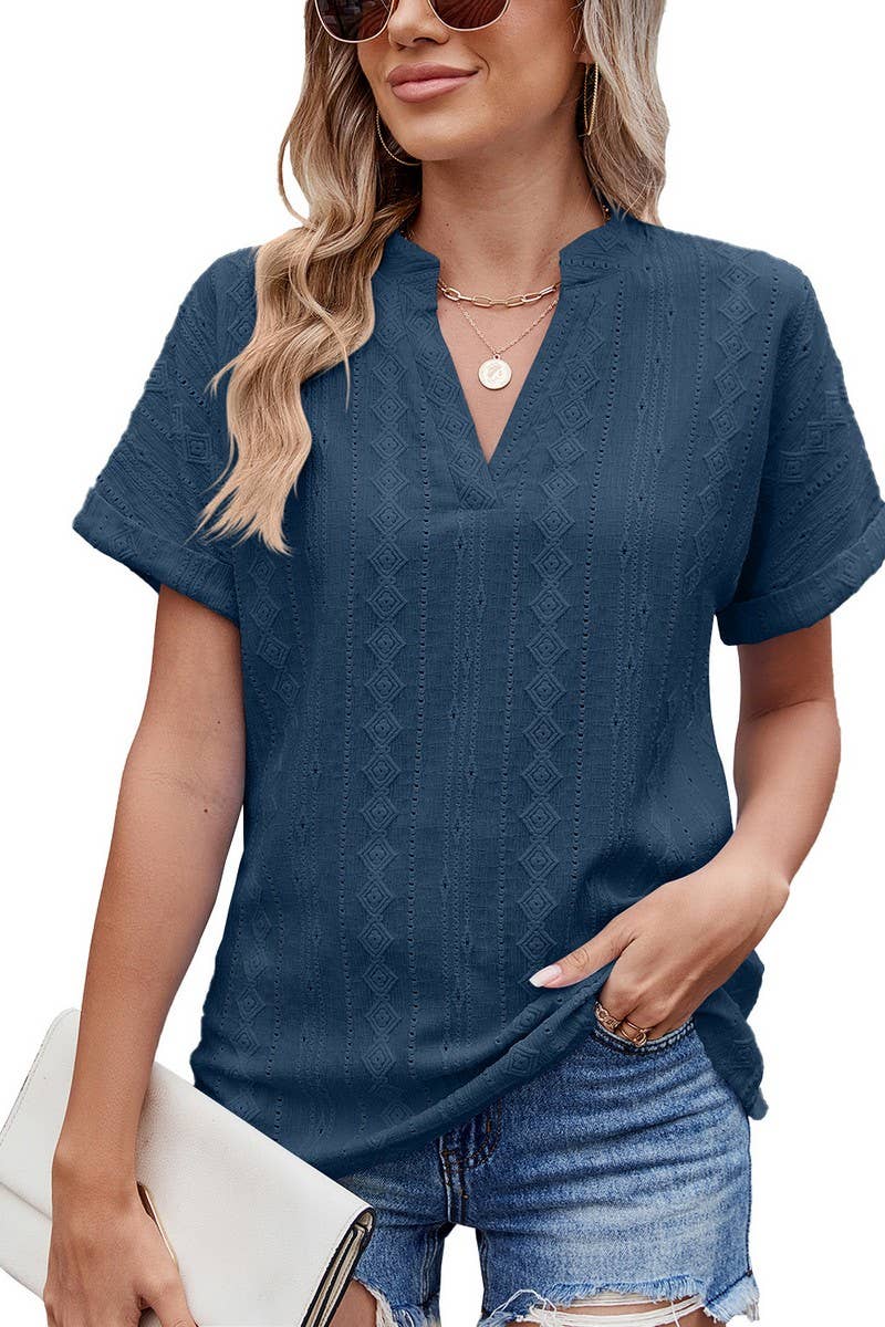 CWTTS1335_SUMMER JACQUARD V-NECK SHORT SLEEVE LOOSE T-SHIRT