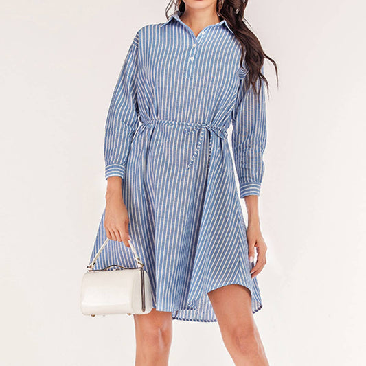 Casual mid-length dress with belted blue stripes