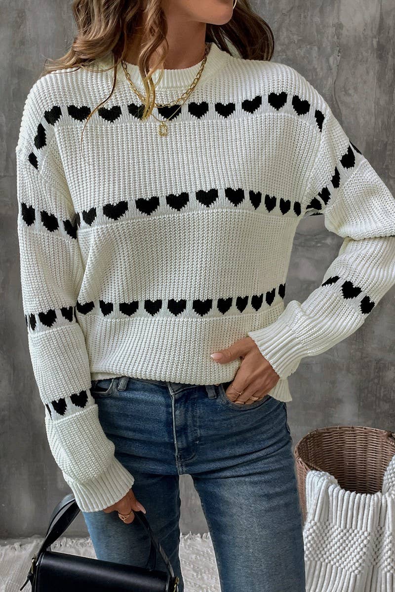 CWOSWL07116_CASUAL PULLOVER LONG SLEEVE HEART KNIT SWEATER