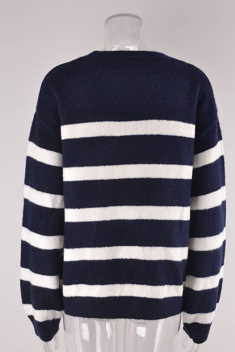 CREW NECK SLIM LOOSE STRIPED PULLOVER SWEATER