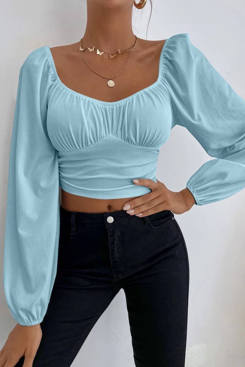 CWTBLL2226_SQUARE NECK LANTERN SLEEVES SHORT SOLID COLOR TOP