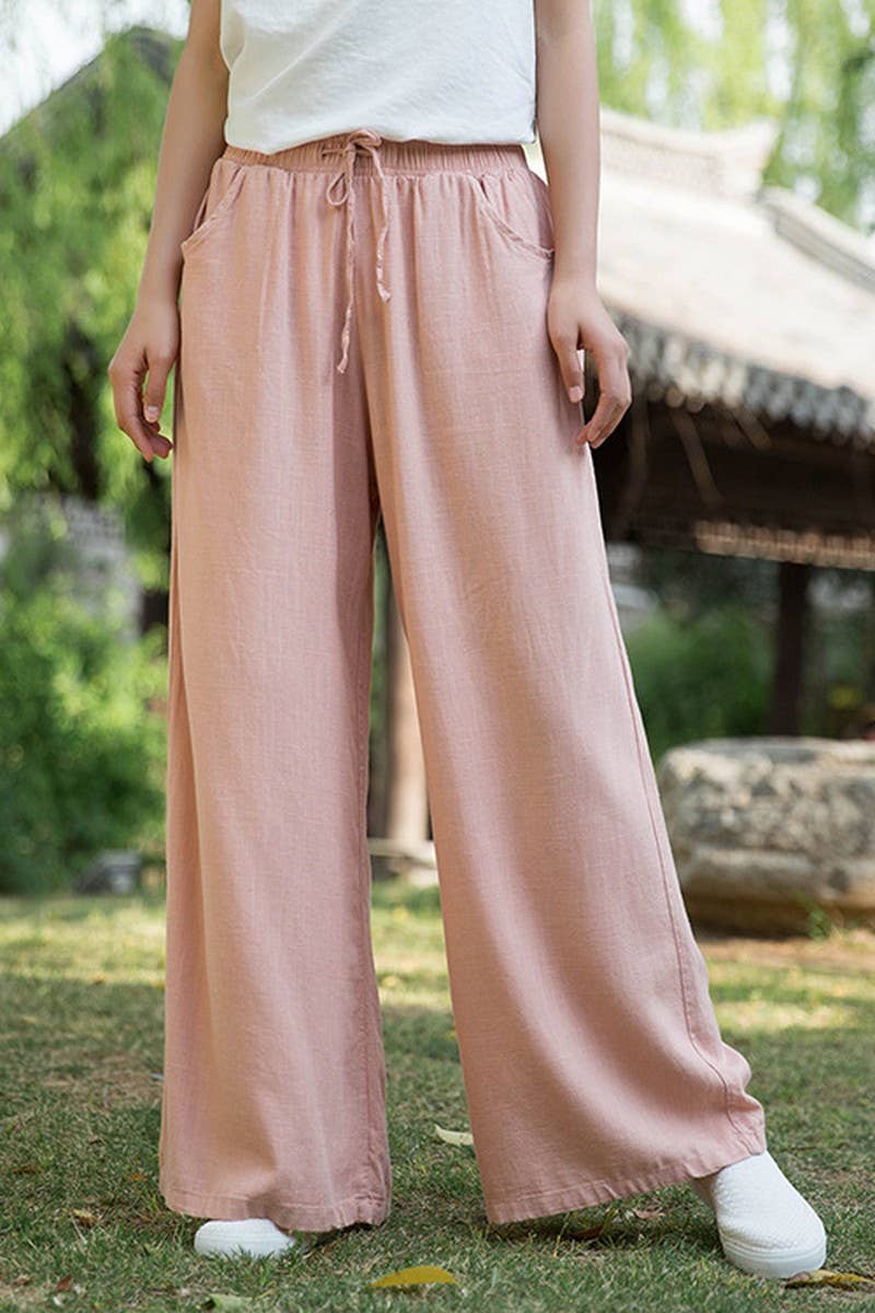 CWBLP1376_COTTON AND LINEN DRAWSTRING WIDE LEG PANTS