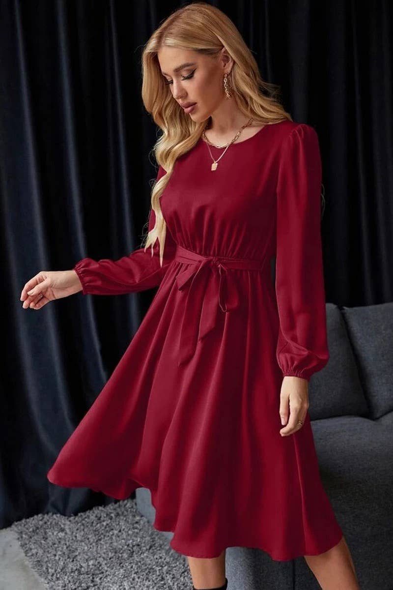 CWDMD5771_BALLOON SLEEVE KEYHOLE TIE BACK SATIN DRESS