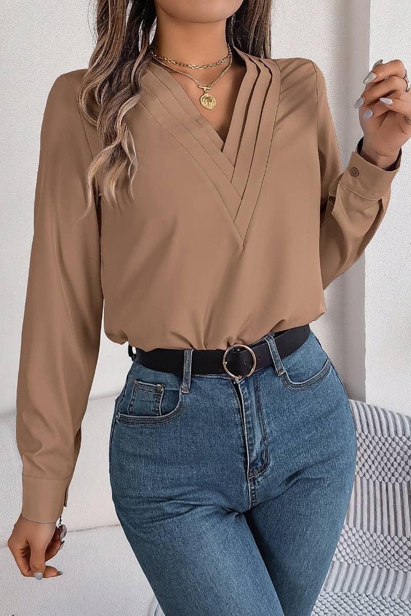 CWTBLL2646_AUTUMN SOLID COLOR V-NECK LONG SLEEVE SHIRT TOP