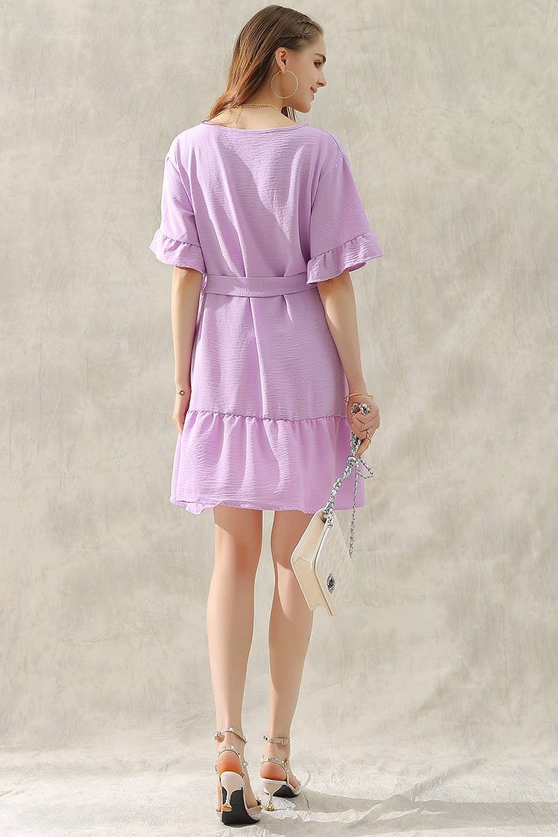 CWDSD10405_WAIST BOW TIE MIDI RUFFLE SHORT MIDI DRESS