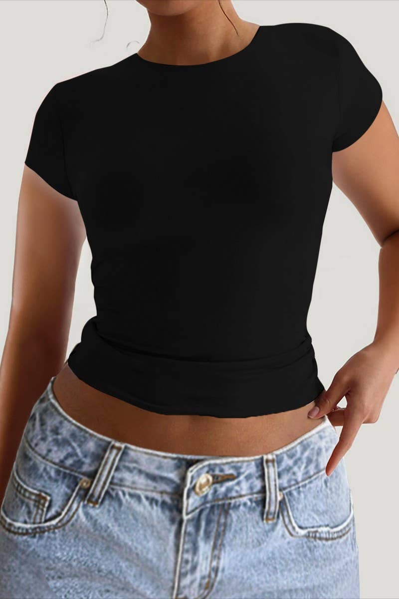 CWTBLS1584_ROUND NECK OPEN BACK SHORT SLEEVE TOP