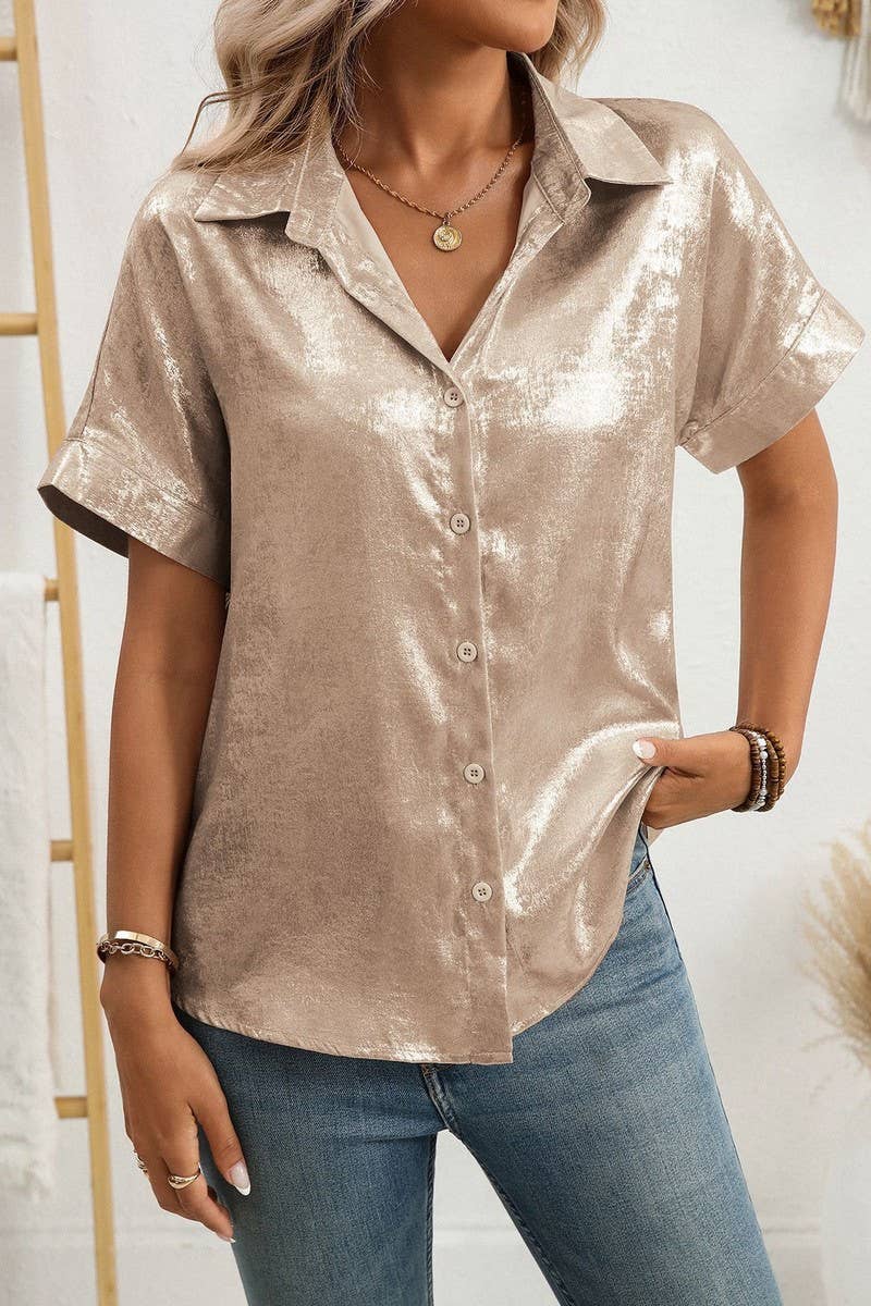 CWTBLS2257_METALLIC COLLARED SHORT SLEEVE RELAXED SHIRT