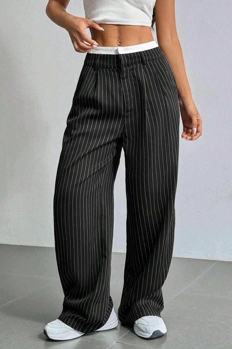 CWBLP1116_HIGH-WAISTED STRIPED LOOSE STRAIGHT-LEG TROUSERS