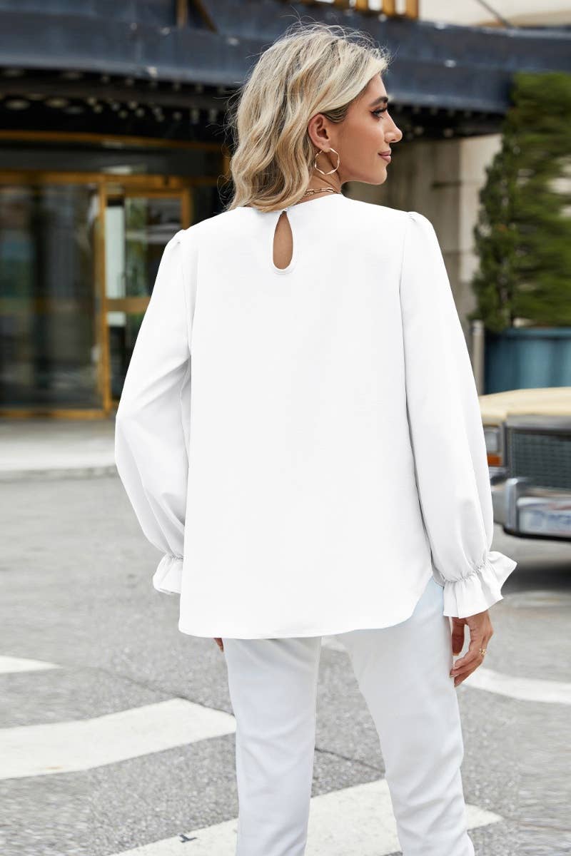 CWTBLL2939_SPRING AUTUMN SOLID COLOR CHIFFON LONG SLEEVE TOP