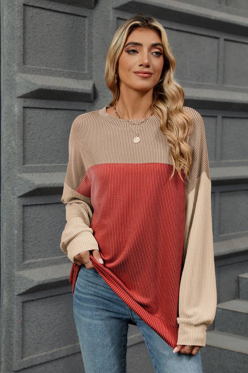 CWTBLL1885_FALL CREW NECK LONG SLEEVE COLOR CONTRAST TOP