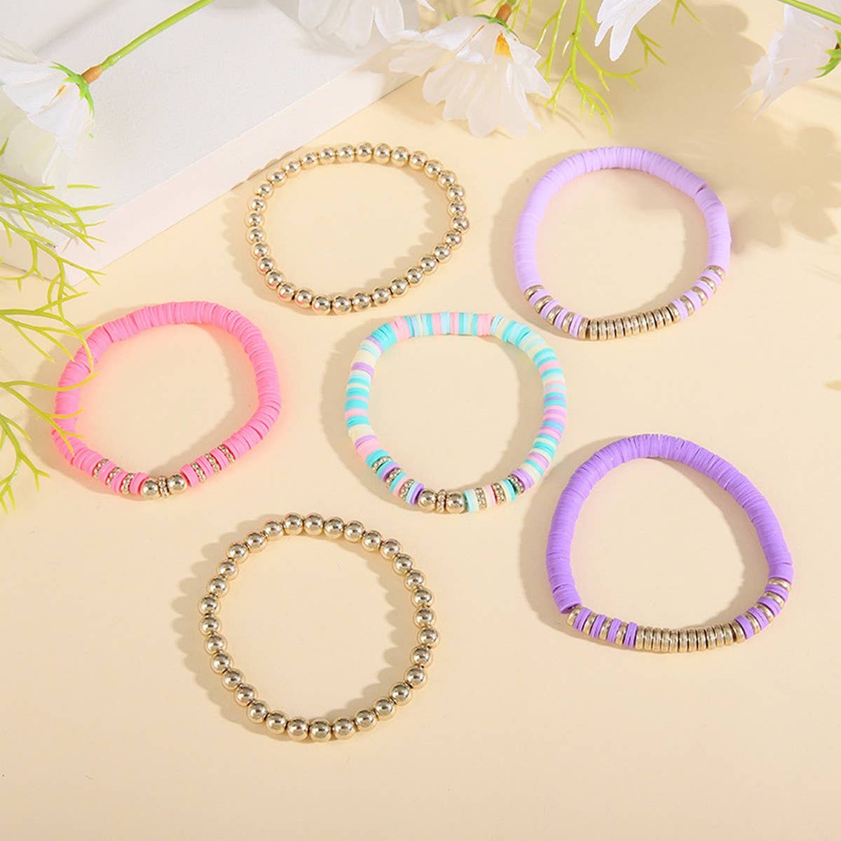 VINTAGE CLAY ROUND BEAD BRACELET SET JEWELRY