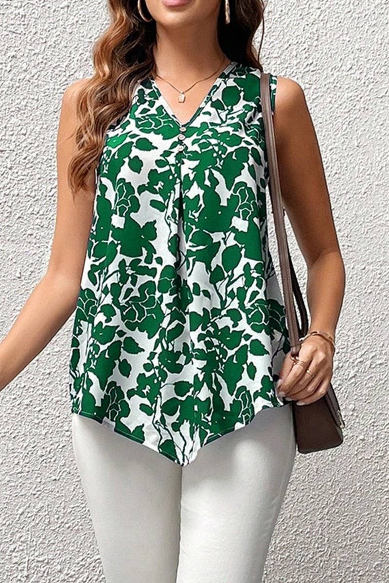 CWTBLSL0535_SLEEVELESS V-NECK PRINTED SHIRT