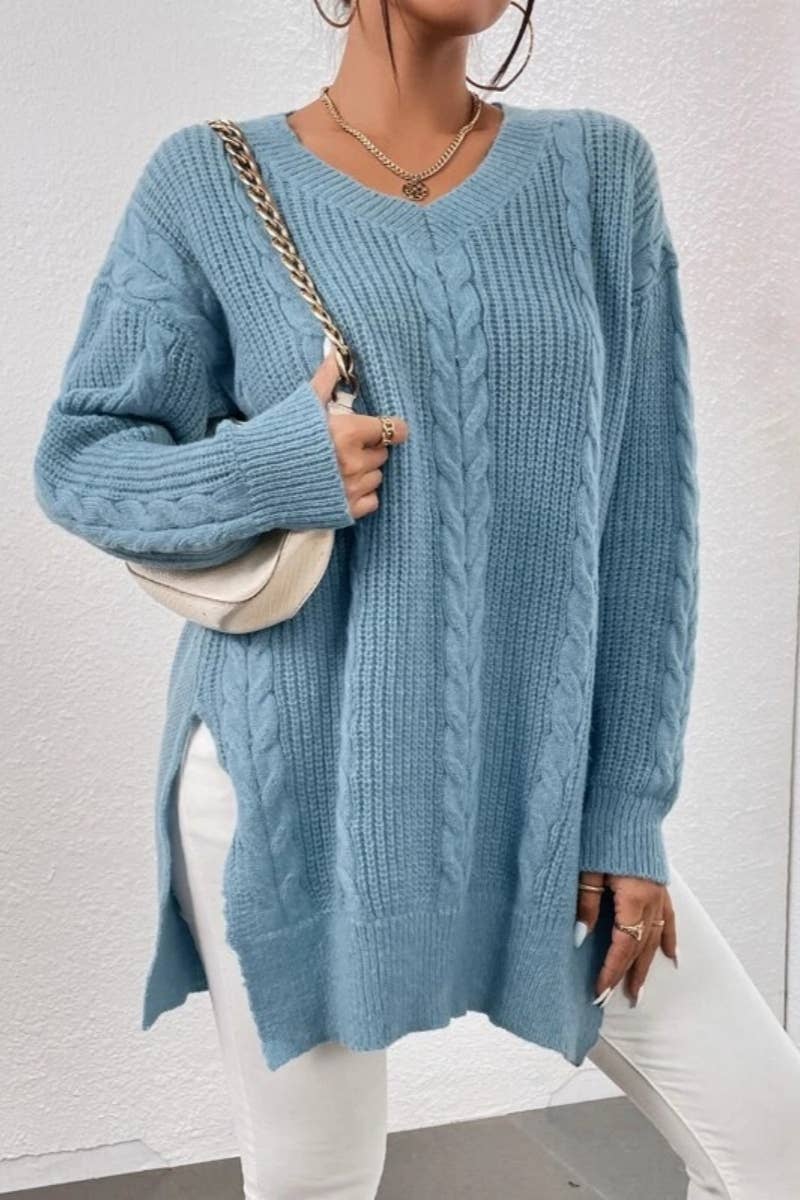 CWOSWL1380_V-Neck Casual Long Sleeve Pullover With Side Slit